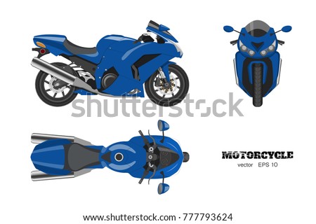Blue motorcycle in realistic style. Side, top and front view. Detailed image of bike on white background. Vector illustration