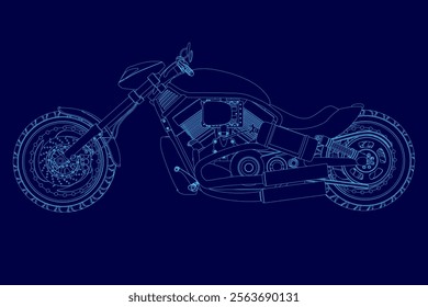 Blue motorcycle is shown in a stylized. The image is of a motorcycle that is not in motion, but rather is a drawing of a motorcycle