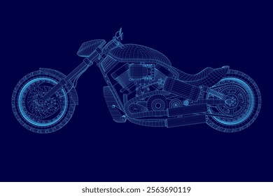 Blue motorcycle is shown in a stylized, pixelated form. Concept of futuristic technology and a sleek, modern design