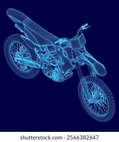 Blue motorcycle is shown in a stylized, pixelated way. Concept of motion and excitement, as if the motorcycle is in mid-air. The blue color of the motorcycle