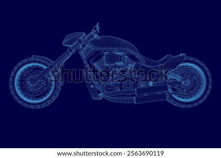 Blue motorcycle is shown in a stylized, pixelated form. Concept of futuristic technology and a sleek, modern design