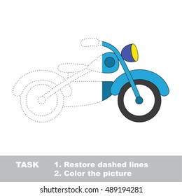 Blue motorcycle in vector to be traced. Restore dashed line and color the picture. The tracing game for preschool children with easy game level.