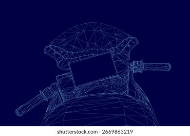 Blue motorcycle wireframe drawing with detailed handlebars, a sleek seat, and defined wheels on a solid blue background. The clean line art emphasizes the bike's modern design and mechanical.
