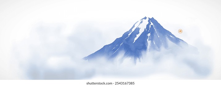 Monte Fuji azul com neblina. Tradicional tinta japonesa lavagem pintura sumi-e. Tradução de hieróglifo - zen.