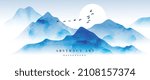 Blue mountain background vector. Oriental Luxury landscape background design with watercolor brush texture. Wallpaper design, Wall art for home decor and prints.

