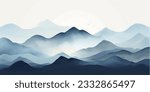 Blue mountain background vector. Oriental Luxury landscape background design with watercolor brush texture. Wallpaper design, Wall art for home decor and prints.