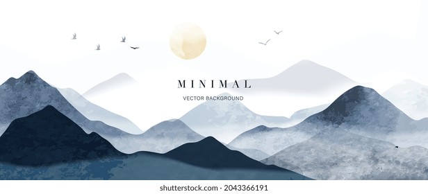Blue mountain background vector. Oriental Luxury landscape background design with watercolor brush texture. Wallpaper design, Wall art for home decor and prints.
