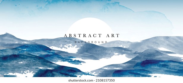 Blue mountain background vector. Oriental Luxury landscape background design with watercolor brush texture. Wallpaper design, Wall art for home decor and prints.
