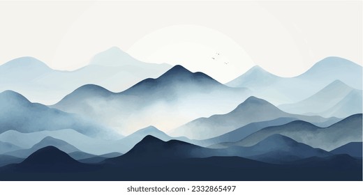 Blue mountain background vector. Oriental Luxury landscape background design with watercolor brush texture. Wallpaper design, Wall art for home decor and prints.