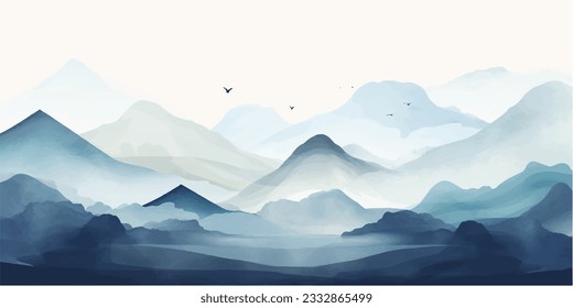 Blue mountain background vector. Oriental Luxury landscape background design with watercolor brush texture. Wallpaper design, Wall art for home decor and prints.