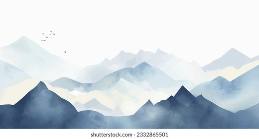 Blue mountain background vector. Oriental Luxury landscape background design with watercolor brush texture. Wallpaper design, Wall art for home decor and prints.
