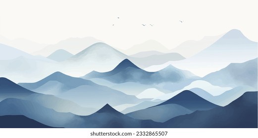 Blue mountain background vector. Oriental Luxury landscape background design with watercolor brush texture. Wallpaper design, Wall art for home decor and prints.