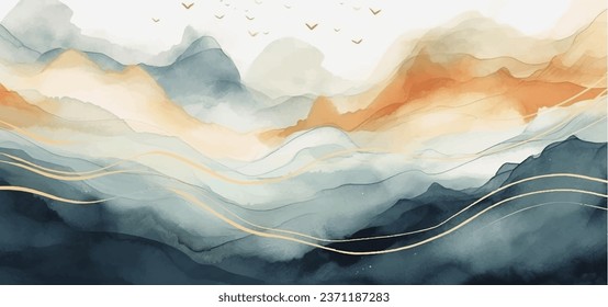 Blue mountain background vector. Oriental Luxury landscape background design with watercolor brush texture. Wallpaper design, Wall art for home decor and prints.