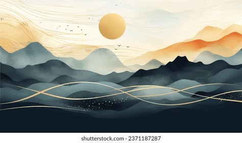 Blue mountain background vector. Oriental Luxury landscape background design with watercolor brush texture. Wallpaper design, Wall art for home decor and prints.