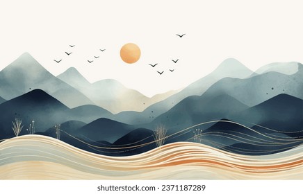 Blauer Hintergrund der Berge, Vektorgrafik. Oriental Luxury Landschaftshintergrund Design mit Aquarell-Struktur. Tapete-Design, Wall-Kunst für die Innendekoration und Drucke.