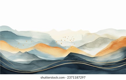 Blue mountain background vector. Oriental Luxury landscape background design with watercolor brush texture. Wallpaper design, Wall art for home decor and prints.