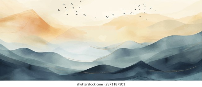 Vector de fondo de montaña azul. Diseño de fondo paisajístico de lujo oriental con textura de brocha acuarela. Diseño de tapiz, Pared de arte para decoración casera e impresiones.