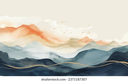 Blue mountain background vector. Oriental Luxury landscape background design with watercolor brush texture. Wallpaper design, Wall art for home decor and prints.