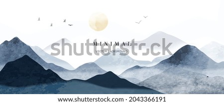Blue mountain background vector. Oriental Luxury landscape background design with watercolor brush texture. Wallpaper design, Wall art for home decor and prints.
