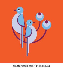 Blue mountain birds with red background