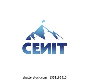 Blue mountain cenit logo with a flag at the top. Great logo for an adventure business, travel company or even a trading company. It's a smart and friendly design. 