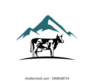 Blue Mountain and Cow on the Field Illustration Symbol Logo Vector
