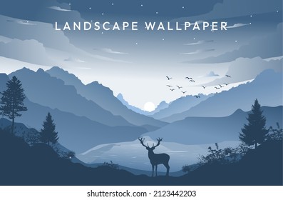 blue mountain with deer landscape vector illustration