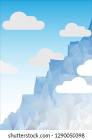blue mountain of geometric shapes and clouds on a blue background