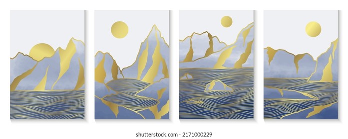 Blue mountain gold line art set. Oriental Luxury abstract background. Vector Watercolor Mountains and sea poster collection with golden pattern. Wallpaper, wall art design for home decor and prints.