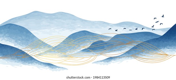 Montaña azul y vector de fondo de las artes de la línea dorada. Diseño de fondo de paisaje de lujo oriental con pincel de acuarela y textura de línea dorada. Diseño de tapiz, Pared de arte para decoración casera e impresiones.