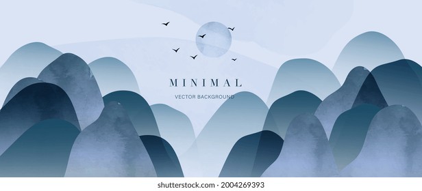 Blue mountain and golden line arts background vector. Oriental Luxury landscape background design with watercolor brush. Wallpaper design, Wall art for home decor and prints.