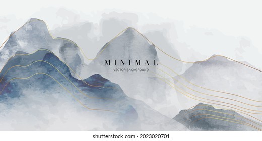 Montaña azul y vector de fondo de las artes de la línea dorada. Diseño de fondo de paisaje de lujo oriental con pincel de acuarela y textura de línea dorada. Diseño de tapiz, Pared de arte para decoración casera e impresiones.