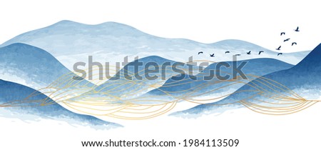 Blue mountain and golden line arts background vector. Oriental Luxury landscape background design with watercolor brush and gold line texture. Wallpaper design, Wall art for home decor and prints.