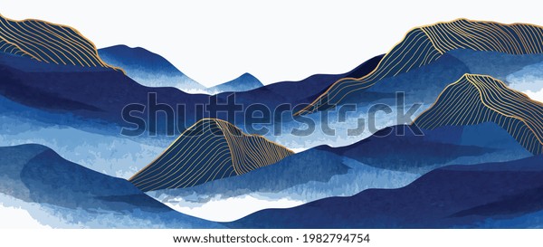Blue mountain and golden line arts background vector. Oriental Luxury landscape background design with watercolor brush and gold line texture. Blue wallpaper design. Wall art for home décor and prints.