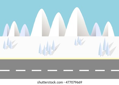 Blue mountain and grey highway, light blue trees, flat design, vector illustration