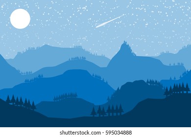 blue mountain hill landscape with moon and star.vector and illustration