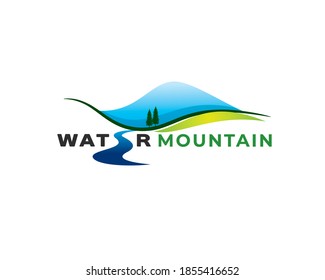 blue mountain hills meadow and river natural landscape scenery as wordmark letter E 