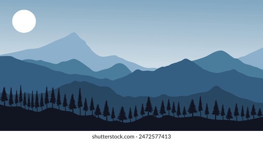 blue mountain illustration landscape vector with a large moon and clear sky, with tree silhouette