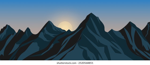 Vector azul del paisaje de la ilustración de la montaña con una luna Grande y el cielo claro, con la silueta del árbol