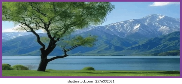 blue mountain illustration landscape vector clear sky, with tree 