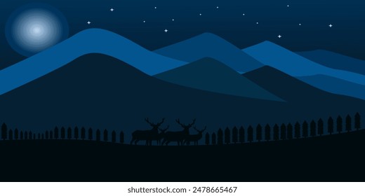 Blue mountain illustration vector with moon landscape with silhouettes of deer and trees