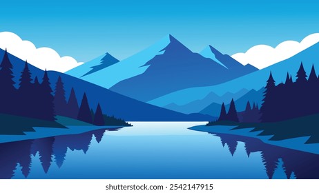 blue mountain landscape featuring a tranquil lake surrounded by lush green trees..