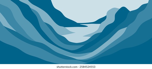 Blue Mountain landscape illustration. creative minimalist modern art print. with mountains, hills and sunset.  use for print art, poster, cover, banner