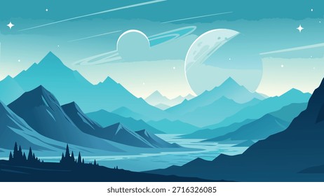 Blue Mountain Landscape Illustration with Crescent Moon and Sky