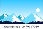 Blue mountain landscape illustration with moon and silhouette of grass