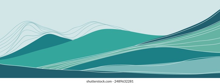 Blue Mountain landscape with line art. Vector illustration of Winter Mountains landscape. mountains, hills