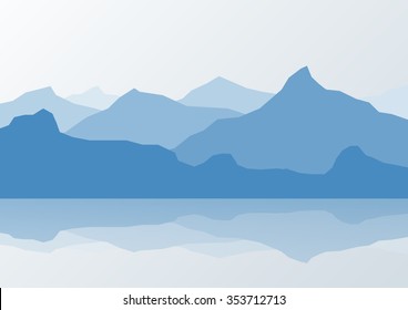 Blue mountain landscape and reflection in lake, vector illustration