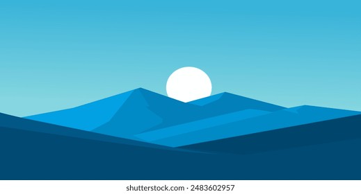 a blue mountain landscape with a sun rising over it