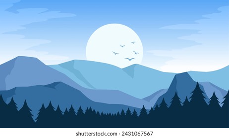 Blue mountain landscape vector illustration. Scenery landscape of mountain ridge in the morning. Mountain range landscape for illustration, background or wallpaper