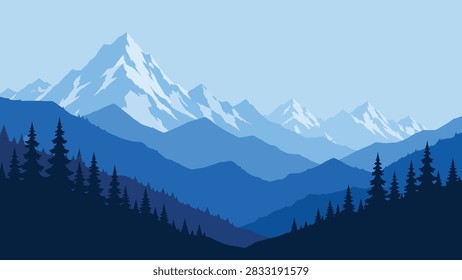 blue mountain landscape vector illustration, snowy mountain peaks with pine forest silhouette panorama, nature outdoor adventure travel poster background banner design